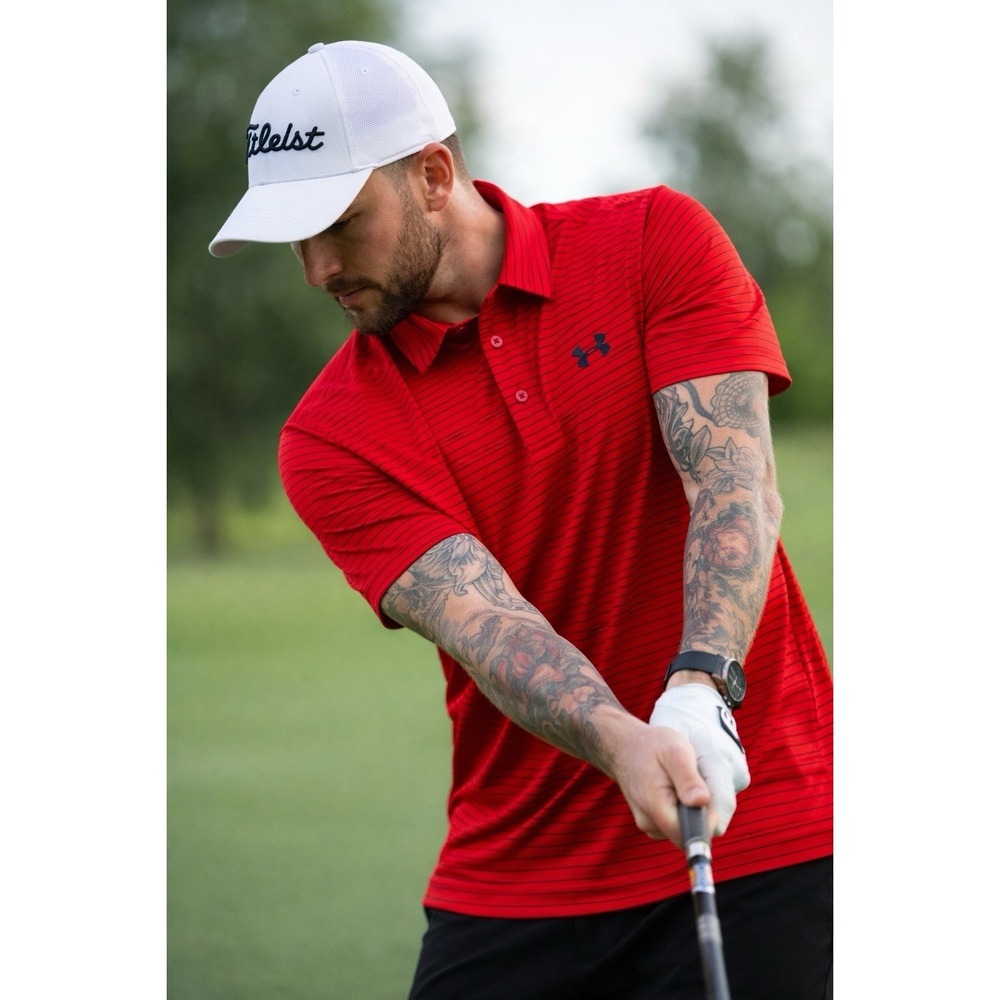 Under Armour Polo Golf Athletic Shirt Versa Red & Navy Striped Men's Sz M Drifit